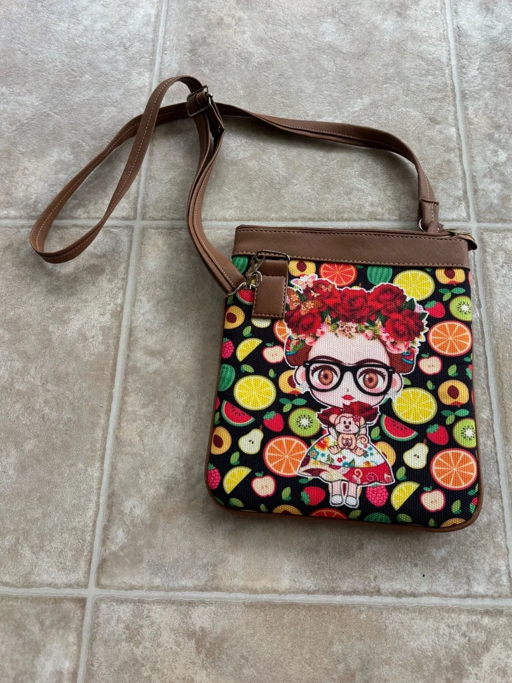 Crossbody Bag with Colorful Fruit and Girl Motif
